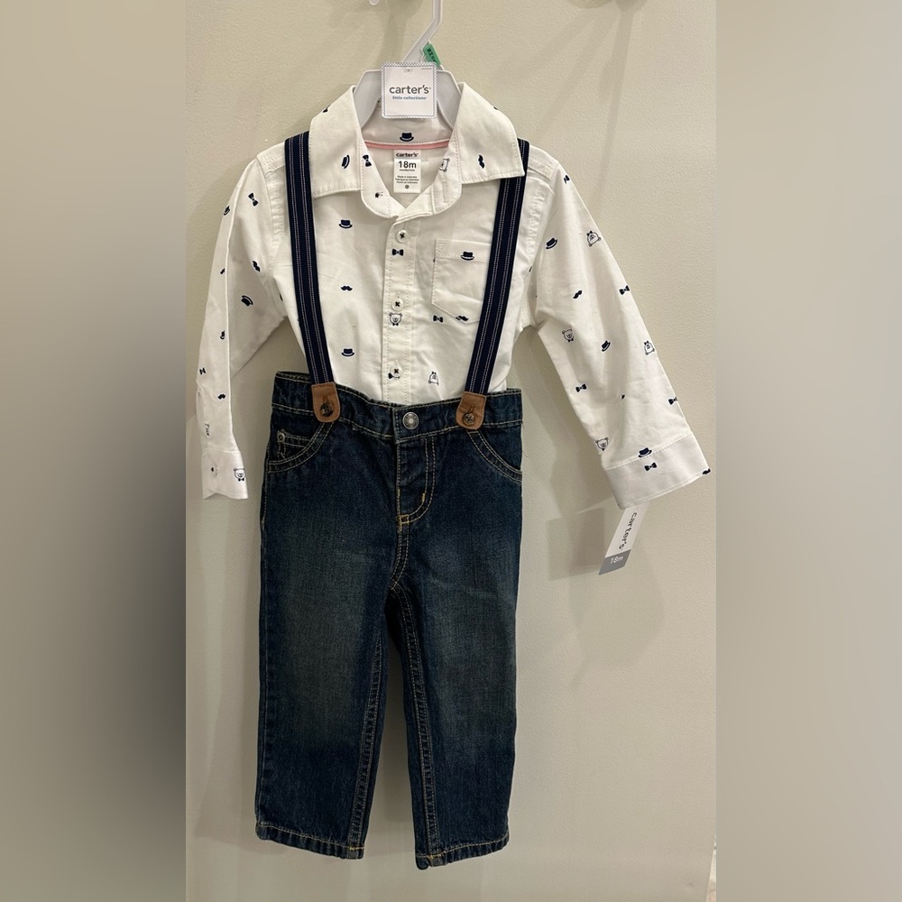 Carter’s 3 Piece Set Collared Button Up Onesie, Jeans and Suspenders - 18m